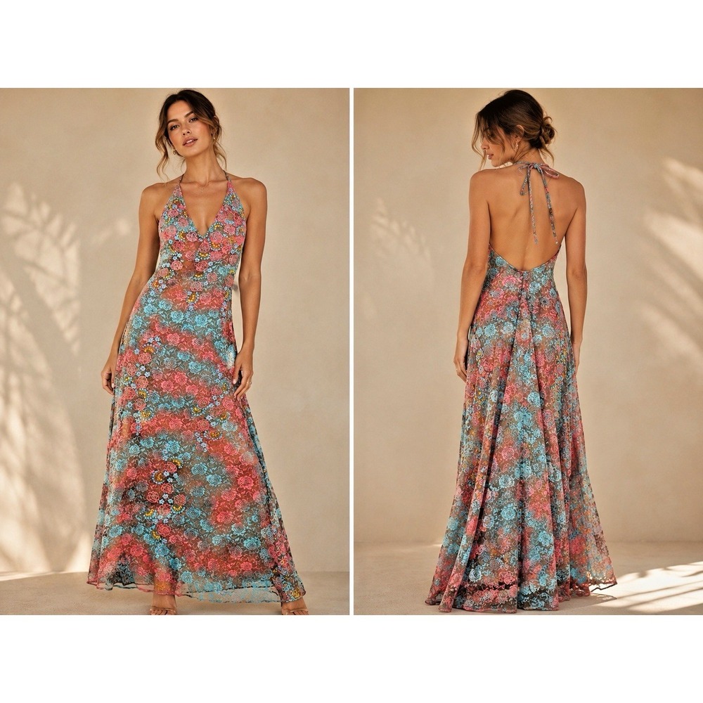 Happy People Lace Beaded Halter Maxi Dress Pink Blue Floral Mesh Sz S Lined NWT